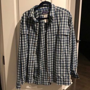 Blue green and white button down Patagonia shirt